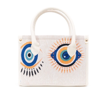 Torebka z gobelinu i ekoskóry – motyw Oka Proroka na kremowym tle