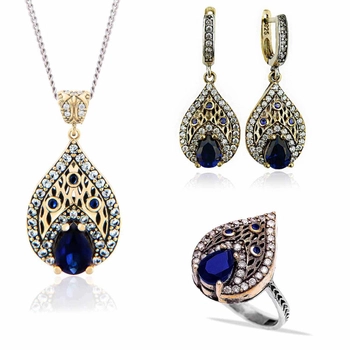 Srebrny komplet z szafirową łezką