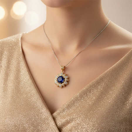 Naszyjnik srebrny w kształcie kwiatu z szafirem i cyrkoniami