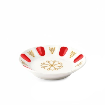 Porcelanowa podstawka pod filiżankę - biało-czerwona ze złotym wzorem 11 cm