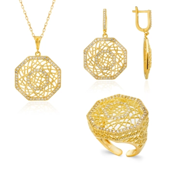Pozłacany ośmiokątny komplet biżuterii ze srebra 925, ażurowy, regulowany - Złoto Haremu