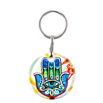 Okrągły szklany brelok do kluczy Hamsa