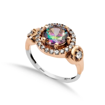 Srebrny pierścionek z mistycznym topazem i cyrkoniami