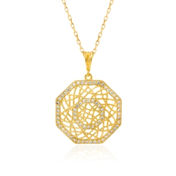 Pozłacany ośmiokątny naszyjnik ze srebra 925, ażurowy - Złoto Haremu