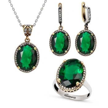 Owalny komplet ze szmaragdem - srebro 925