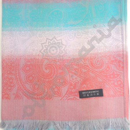 Jasno łososiowo-błękitny kaszmirowy szal z osmańskim wzorem