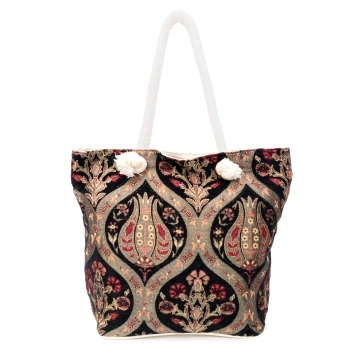 Torba plażowa z tkaniny szenilowej z tulipanowym wzorem na czarnym tle