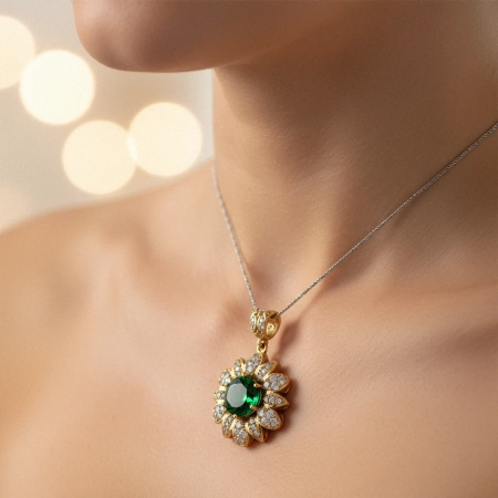 Naszyjnik srebrny w kształcie kwiatu ze szmaragdem i cyrkoniami