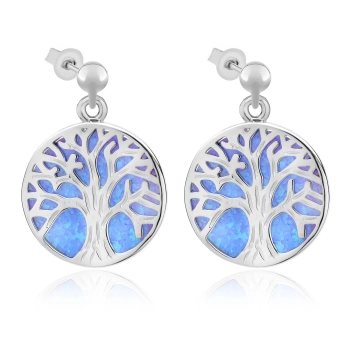 Okrągłe srebrne kolczyki z drzewem życia i opalem