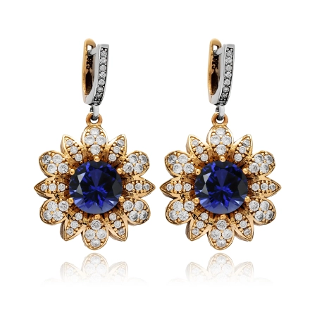 Kolczyki srebrne w kształcie kwiatów z szafirami i cyrkoniami