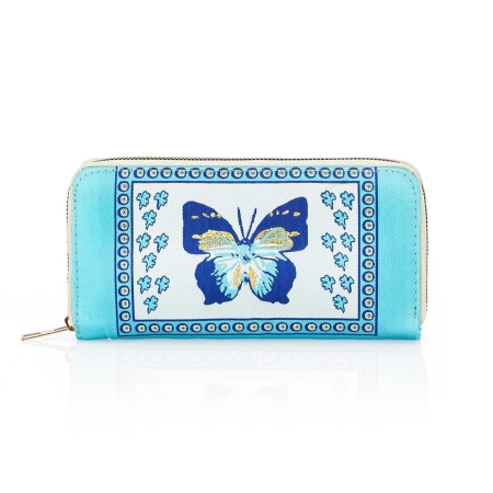 Portfel na zamek, dwukomorowy, błękitny, z orientalnym wzorem, damski