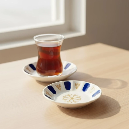 Porcelanowa podstawka pod filiżankę - biało-granatowa ze złotym wzorem 11 cm