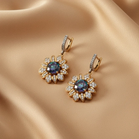 Kolczyki srebrne w kształcie kwiatów z mistycznym topazem i cyrkoniami