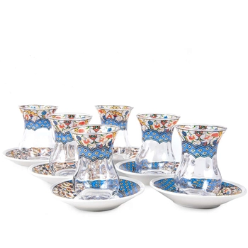 Duży zestaw porcelanowy ze szklaneczkami do herbaty - Błękitne Wzory Bosforu