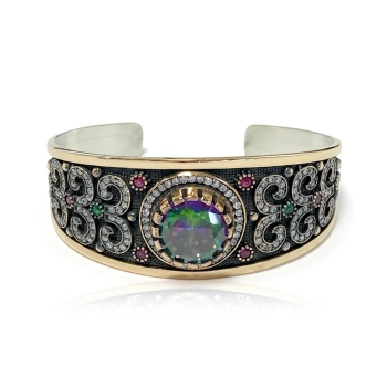 Bransoletka ze srebra 925 i brązu z okrągłym mistycznym topazem i cyrkoniami