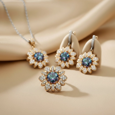 Komplet srebrny w kształcie kwiatu z mistycznym topazem i cyrkoniami