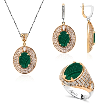 Komplet srebrny z malachitem w stylu ottomańskim