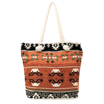 Torba plażowa z tkaniny szenilowej - ruda z etnicznym wzorem