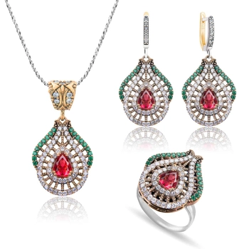 Duży srebrny komplet tulipan z rubinem w centrum