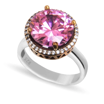Srebrny okrągły pierścionek z różowym topazem