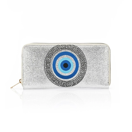Damski portfel srebrny, Oko proroka, wiele przegródek