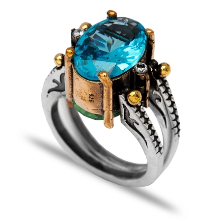 Dwustronny osmański pierścionek srebrny z błękitnym topazem i szmaragdem