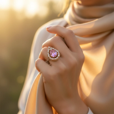 Pierścionek srebrny z różowym topazem i cyrkoniami