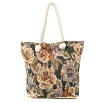 Torba plażowa z tkaniny szenilowej - zielona w kwiaty vintage