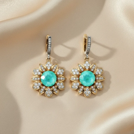 Kolczyki srebrne w kształcie kwiatów z zielonym turmalinem paraiba i cyrkoniami