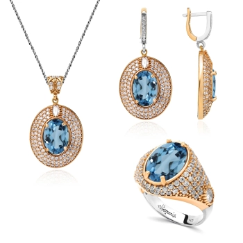 Komplet srebrny z błękitnym topazem w stylu ottomańskim