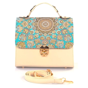 Beżowa listonoszka z niebieskim wzorem - torebka orientalna