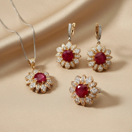 Komplet srebrny w kształcie kwiatu z rubinami i cyrkoniami