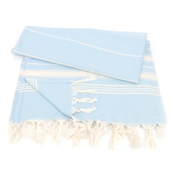 Turecki ręcznik peshtemal z 100% bawełny, jasnoniebieski z frędzlami