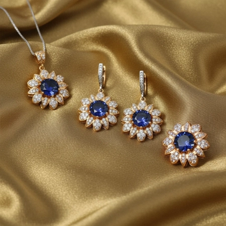 Komplet srebrny w kształcie kwiatu z szafirami i cyrkoniami