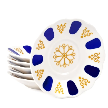 Zestaw 6szt porcelanowych podstawek pod filiżanki 11 cm - biało-granatowe ze złotym wzorem