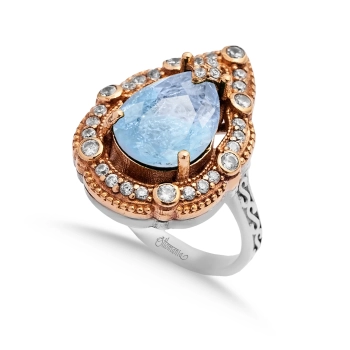 Pierścionek srebrny z turmalinem paraiba i cyrkoniami