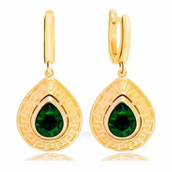 Pozłacane, srebrne kolczyki ze szmaragdami otoczone greckim wzorem
