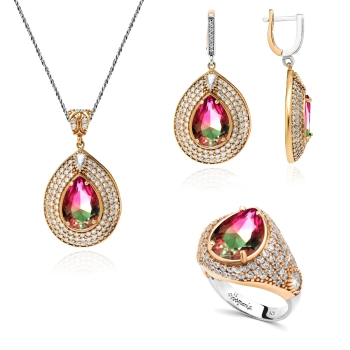 Srebrny komplet z turmalinem arbuzowym w stylu ottomańskim