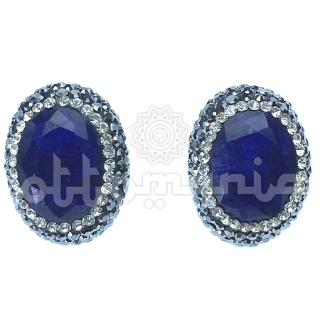 Srebrne owalne kolczyki osmańskie z niebieskim kamieniem i kryształami Swarovskiego