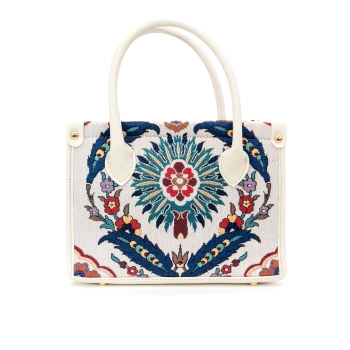 Torebka z gobelinu i ekoskóry - kwiatowy medalion na kremowym tle