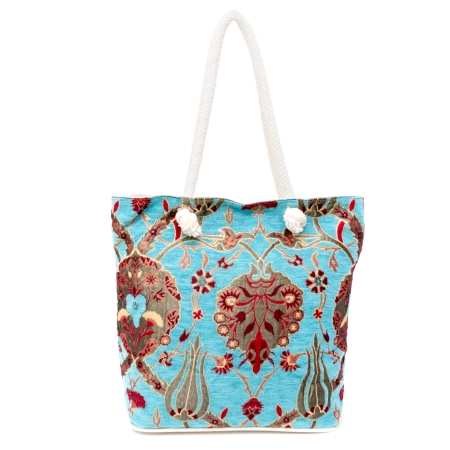 Turkusowa torba plażowa z tkaniny szenilowej z motywem tulipanów