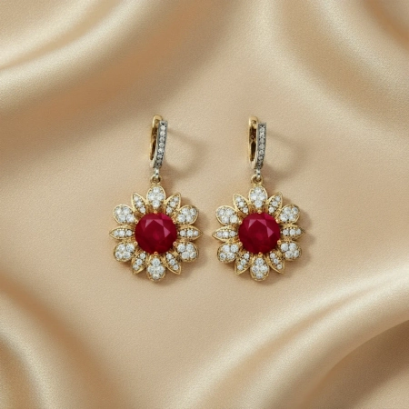 Kolczyki srebrne w kształcie kwiatów z rubinami i cyrkoniami