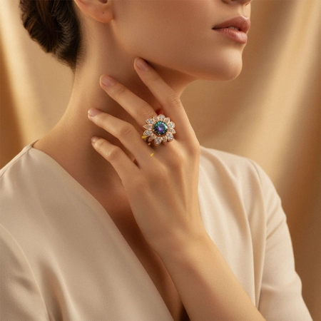 Pierścionek srebrny w kształcie kwiatu z mistycznym topazem i cyrkoniami