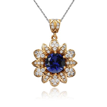 Naszyjnik srebrny w kształcie kwiatu z szafirem i cyrkoniami