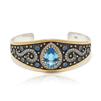 Bransoletka ze srebra 925 i brązu z błękitnym topazem i cyrkoniami