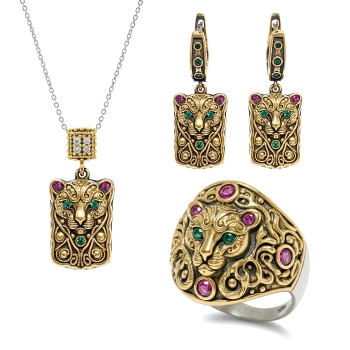 Komplet pantery ze srebra 925 i brązu z kolorowymi cyrkoniami