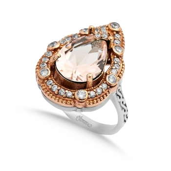 Pierścionek srebrny z morganitem i cyrkoniami