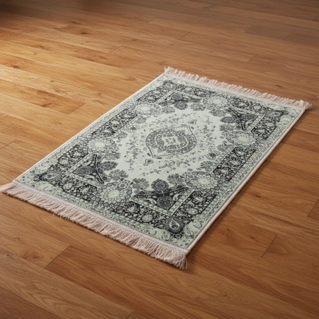 Dywanik dekoracyjny z frędzlami 45x30 cm - miętowy z granatowym medalionem