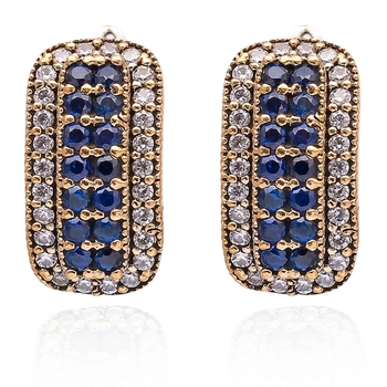 Prostokątne, srebrne kolczyki bogato zdobione szafirami i cyrkoniami
