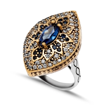 Orientalny owalny pierścionek srebrny z szafirem i cyrkoniami